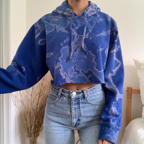 Tops - Blue Bleached Tie Dye Cropped Hoodie